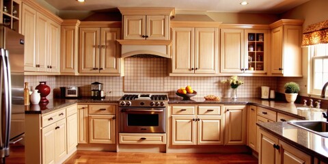 Neutral beige kitchen background with light cabinets, countertops, and backsplash , beige, kitchen, background, light