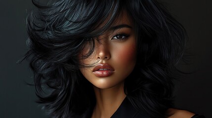 Naklejka premium Captivating portrait of a woman with flowing black hair, showcasing beauty and elegance against a dark background.