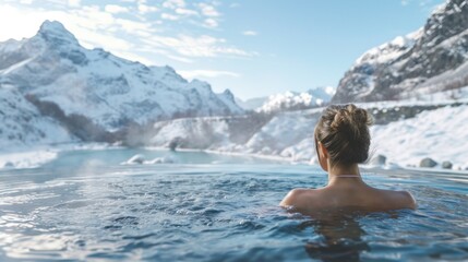 Fototapeta premium Portrait of young carefree happy woman relaxing at hot tub during enjoying happy traveling moment vacation