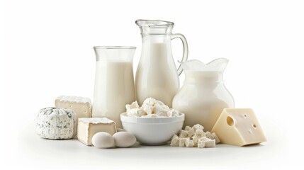 A collection of fresh dairy products including milk, cheese, and eggs. Ideal for healthy meals and recipes. Perfect for food photography and culinary projects. AI