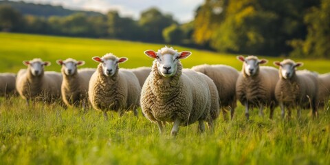 Naklejka premium Charming Sheep Grazing Peacefully in a Lush Green Pasture Under a Clear and Beautiful Blue Sky