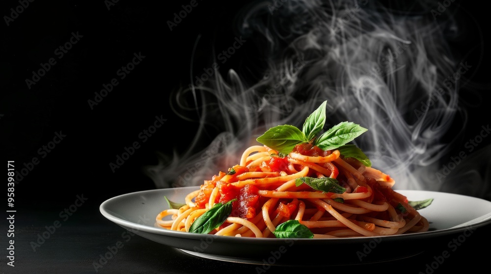 Poster A steaming plate of spaghetti topped with fresh basil. The vibrant red sauce contrasts beautifully with the dark background. Perfect for food lovers and culinary art. AI