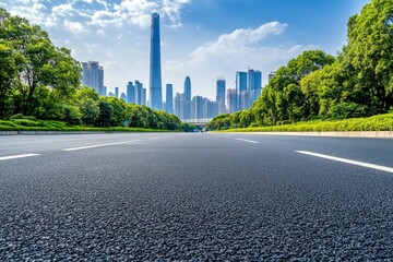 Fototapeta premium Asphalt highway road and city skyline with modern buildings scenery in Guangzhou. Car background , ai