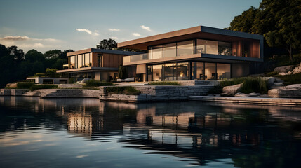 Obraz premium The reflective surfaces of a lakeside residence