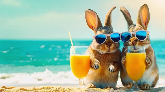 Two funny bunny rabbits in sunglasses with glasses of a summer drink orange juice on the sand of the beach	