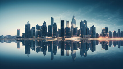 The symmetry of a row of skyscrapers flanking a river,