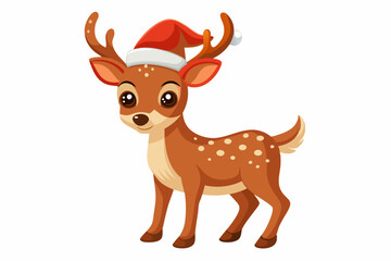 Christmas baby reindeer vector art with Santa Claus hat, Funny Xmas deer illustration on white background