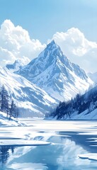 Fototapeta premium Snowy Mountain Peak with Frozen Lake Illustration