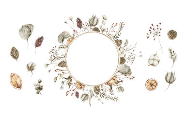 Watercolor floral wreath. Hand painted christmas frame of winter greenery, cotton flowers, cones, berries. New year border. Isolated on white background. Botanical illustration for card design, print.