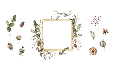 Watercolor floral wreath. Hand painted christmas frame of winter greenery, cotton flowers, cones, berries. New year border. Isolated on white background. Botanical illustration for card design, print.