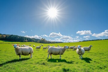Fototapeta premium Sheeps in a meadow on green grass. Portrait of sheep. Flock of sheep grazing in a hill