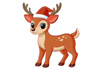 Christmas baby reindeer vector art with Santa Claus hat, Funny Xmas deer illustration on white background