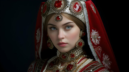 Traditional Russian sarafan and kokoshnik combination,