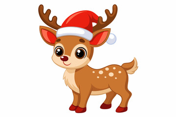 Christmas baby reindeer vector art with Santa Claus hat, Funny Xmas deer illustration on white background