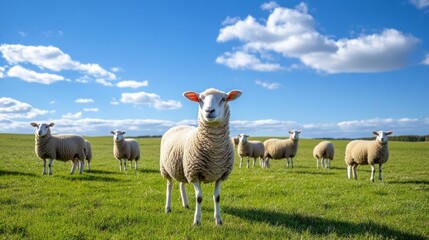 Obraz premium Sheeps in a meadow on green grass. Portrait of sheep. Flock of sheep grazing in a hill