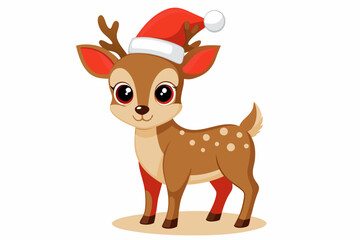 Christmas baby reindeer vector art with Santa Claus hat, Funny Xmas deer illustration on white background