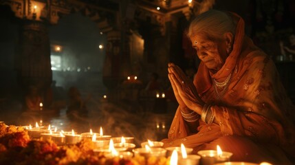 Fototapeta premium An elderly woman sits with hands folded in front of candles