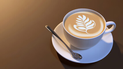 Latte art in a white cup with a floral design served on a minimalist background