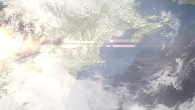 Earth zoom in from space and focus on Everett, Massachusetts, USA. Background for travel intro or blog. Satellite view. 3D style Animation. Images from NASA.