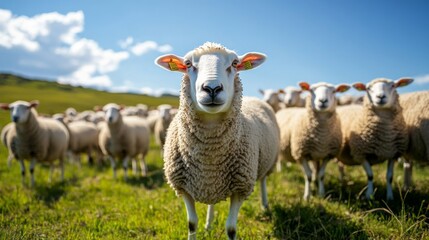 Obraz premium Sheeps in a meadow on green grass. Portrait of sheep. Flock of sheep grazing in a hill
