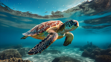 Obraz premium Underwater shot of a sea turtle gliding through crystal-clear waters,