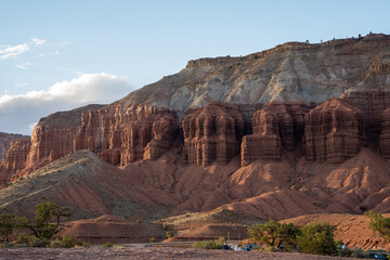 A breathtaking sunrise view of red rocks at Capitol Reef National Park, Utah.