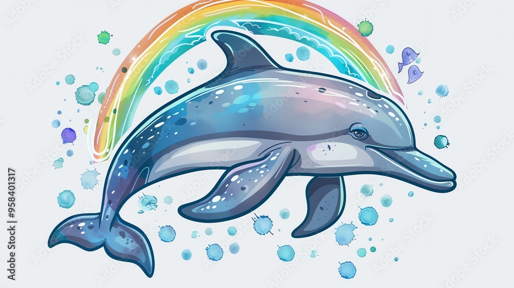 Wall mural A cartoon dolphin jumping with a rainbow behind it.