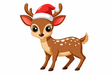 Christmas baby reindeer vector art with Santa Claus hat, Funny Xmas deer illustration on white background