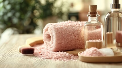 Relaxing spa setup with pink salt and natural products on a wooden surface in a tranquil setting