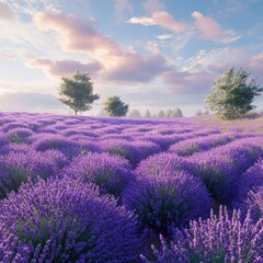 Obraz premium Sunset over a peaceful lavender field with golden light