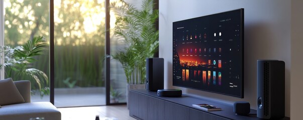 Modern smart home living room with stylish decor and advanced technology showcasing a sleek flat-screen TV and smart speakers in a sunlit, elegant interior space