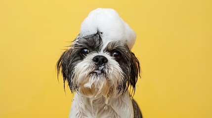 A cute dog with a frothy soap on its head, showcasing a fun and playful grooming scene against a vibrant yellow background.