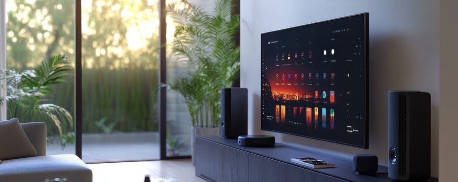 Modern smart home living room with stylish decor and advanced technology showcasing a sleek flat-screen TV and smart speakers in a sunlit, elegant interior space