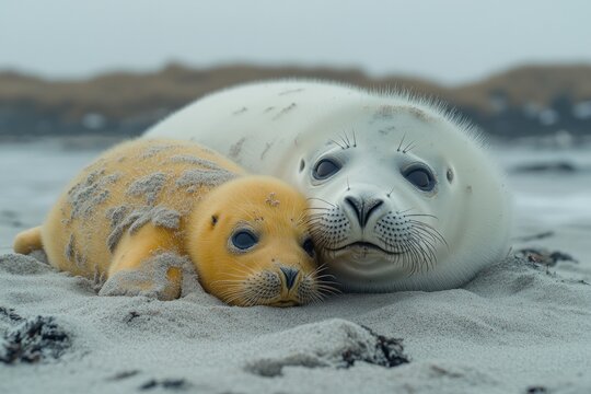 A grey seal mother and her yellow pup rest on a sandy beach, looking at the camera.