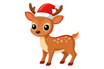 Christmas baby reindeer vector art with Santa Claus hat, Funny Xmas deer illustration on white background