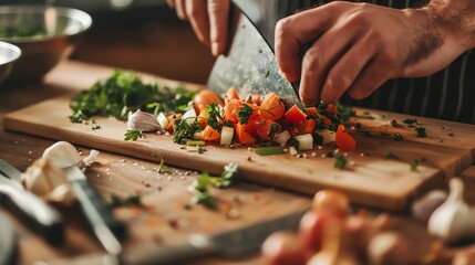 A chef chopping vegetables on a cutting board.