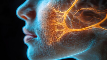 Close-up of a woman's face with glowing neural connections, illustrating the concept of neuroscience and human anatomy.