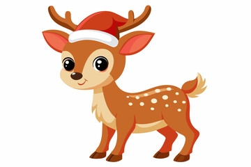 Christmas baby reindeer vector art with Santa Claus hat, Funny Xmas deer illustration on white background