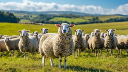 Obraz premium Sheeps in a meadow on green grass. Portrait of sheep. Flock of sheep grazing in a hill