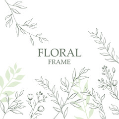 Flowers and branches of gray-green color on a white background. Card or invitation template. Invitation to a wedding or other celebration. Gray plants on a white background. Vector floral frame.