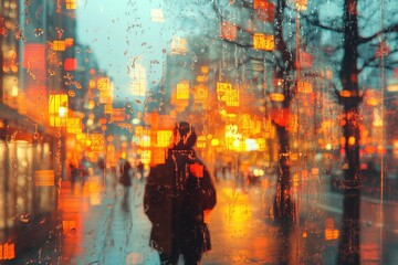 Silhouette of a person walking in the rain with vibrant city lights