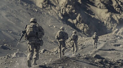 walking army group in a rock hills