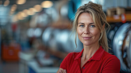 Obraz premium Middle aged woman sales assistant wearing red polo t-shirt in appliance store.