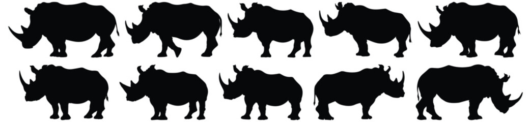 Rhino silhouettes set, animal pack of vector silhouette design, isolated background