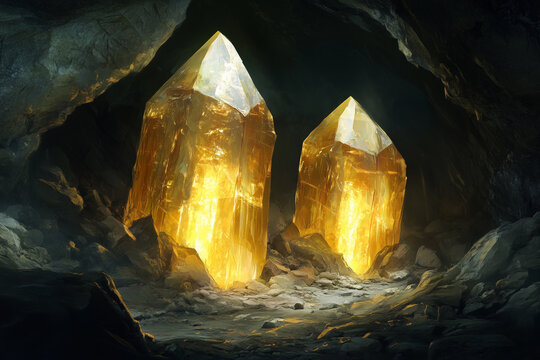 Golden Translucent Crystals, Gemstone. Rough Crystals Meditation Atmosphere. Mineral Jewelry Uncut Natural Gem Rock. Geological Gold Healing Stone in Sunset. Pyrit Topaz Quartz Diamond Shiny Mineral.