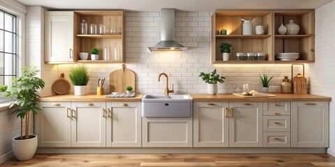 Cozy kitchen interior with washbasin and electric stove, with empty space, cozy, home, kitchen, interior