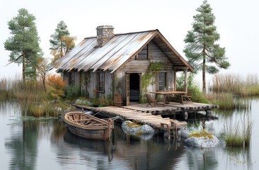 Fototapeta premium 3D diorama miniature view of a small wooden fishing