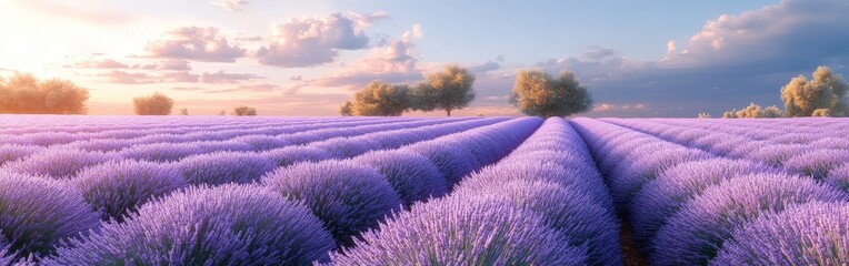 Obraz premium Sunset over a peaceful lavender field with golden light