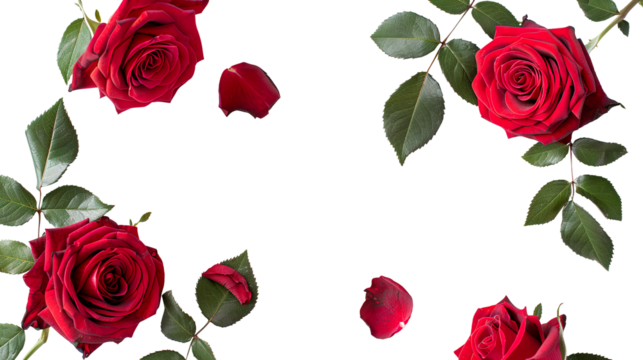 Roses flower with leaves top view isolated on transparent background, PNG