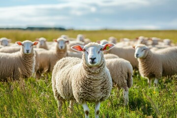 Fototapeta premium Sheeps in a meadow on green grass. Portrait of sheep. Flock of sheep grazing in a hill